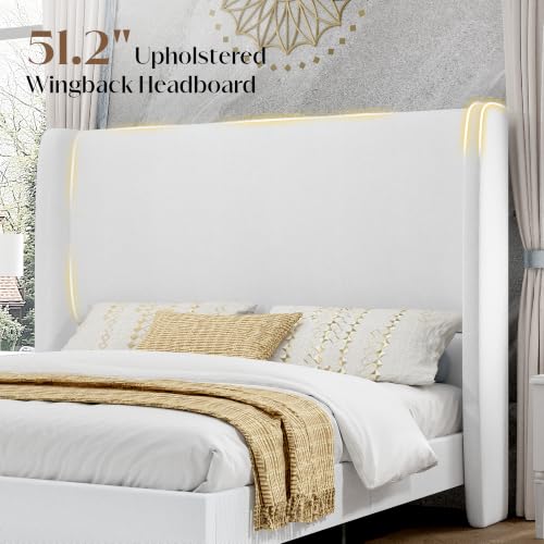 Queen Bed Frame Linen Upholstered 51.2" Tall Headboard, White
