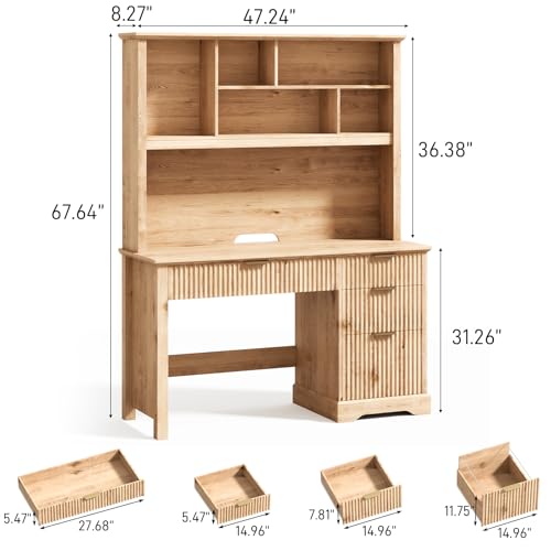 Fluted Computer Desk with Hutch, Wood Executive Desk with Ample File Drawer, Home Office Desk with Drawers for Study, Bedroom, Living Room, Natural