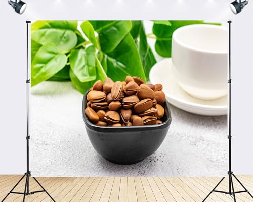 Trykid 5x3ft Brown Pine Nuts White Cup Backdrop Rustic Food Photography Background Coffee Shop Cozy Winter Themed Party Decoration Tapestry Photo Booth Prop Fabric Backdrop - size: 5x3ft