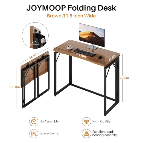 31.5" Brown Folding Desk, No Assembly, Wooden Top, Small Size