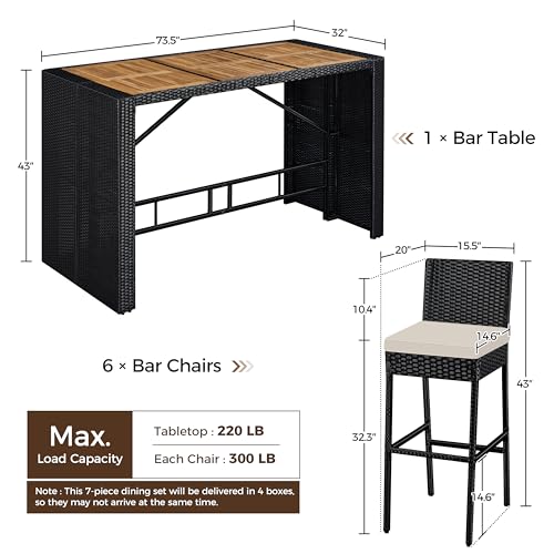 7 Piece Patio Dining Set Outdoor Acacia Wood Bar Table and Chairs