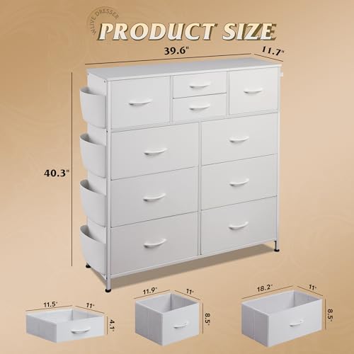 10 Drawer White Fabric Dresser for Bedroom, Side Pockets Chest
