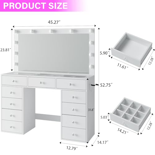 45" Large White Vanity Desk with Vibrant RGB Lighting.
