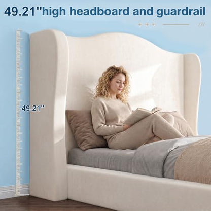 Queen Size Cloud Bed Frame with 49.61" Wingback Headboard, White