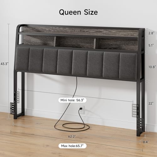 Ergonomic Headboard Queen Size with 2-Tier Storage, Black & Grey