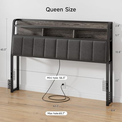 Ergonomic Headboard Queen Size with 2-Tier Storage, Black & Grey