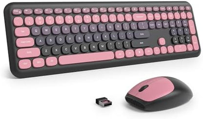 Surmen Black Pink Keyboard and Mouse Wireless Quiet, Full-Size Girly Slient Keyboard Retro Typewriter Low-Noise 2.4GHz for Computer, Desktop, Laptop (110-Heimei Pink)