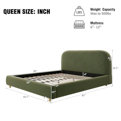 Queen Velvet Fabric Platform Bed with Curved Headboard, Olive Green