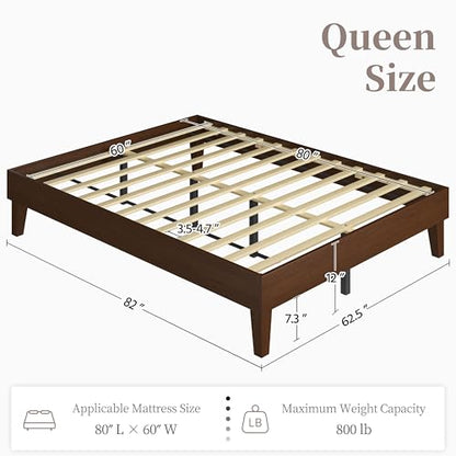 Queen Size Solid Wood Platform Bed Frame Low-Profile Dark Walnut