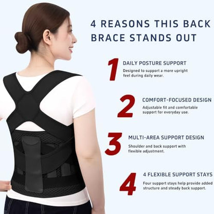 Posture Corrector for Women and Men, Adjustable Back Brace with Shoulder Support and Lumbar Support Belt, Full Back Support Posture Trainer for Spine Alignment, Upper Back, Neck, Shoulder, Lower Back Support, Slouching and Hunchback (Black, Large)