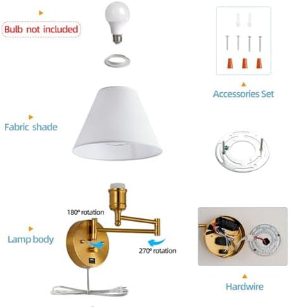 Swing Arm Wall Sconces, Plug-in Wall lamp,Bedroom Wall lamp ， White Fabric Shade，，with dimmable Switch and USB Charging Port, Suitable for Bedside, Living Room, Reading (Golden)