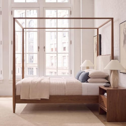 Canopy Bed Frame Queen Size with Tall Upholstered Headboard, Walnut