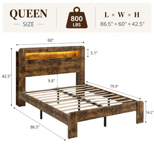 Farmhouse Queen Bed Frame, Storage Headboard with LED Charging, Brown