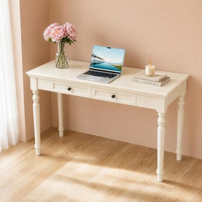 47” Solid Wood Writing Desk with Drawers, White