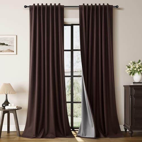 Guken Coffee Linen 100% Blackout Curtains for Bedroom 96 Inches Long Elegant Textured Black Out Light Blocking Thermal Insulated Soundproof Back Tab Hook Belt Living Room Backdrop 2 Panels Set 52x96 - color: Coffee, size: 52"W x 96"L (Pack of 2)