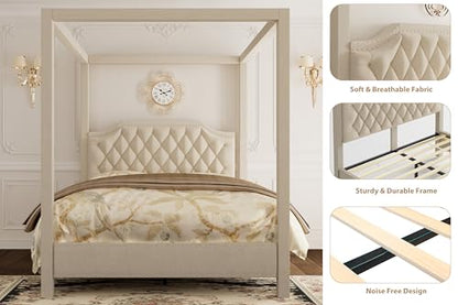 Upholstered Full Size Bed Frame with Canopy Poles and Headboard