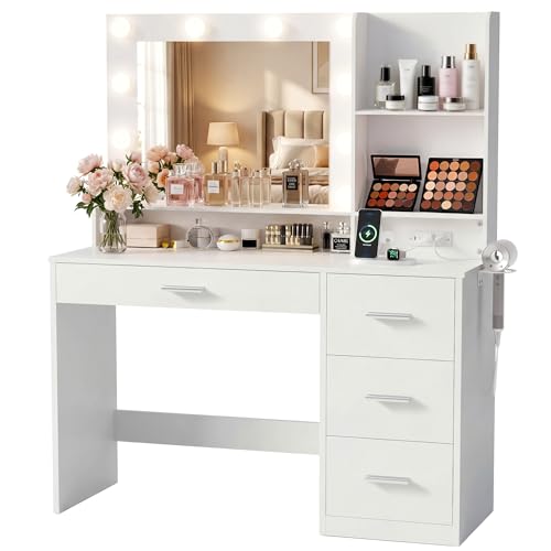 39 Inch Vanity Desk with Mirror and LED Lights, Modern White