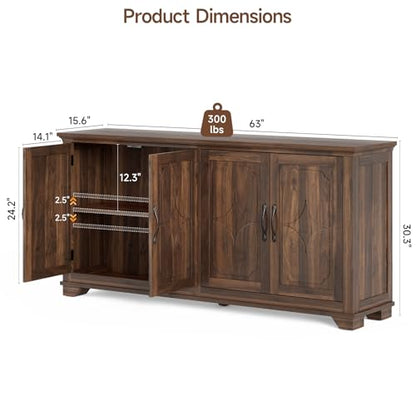 63 Inch Buffet Cabinet with Storage, 4 Carved Doors, Brown