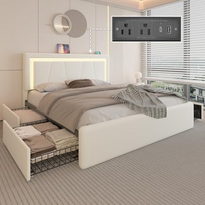 Queen Size Bed Frame with 4 Storage Drawers, LED Light, White Upholstered