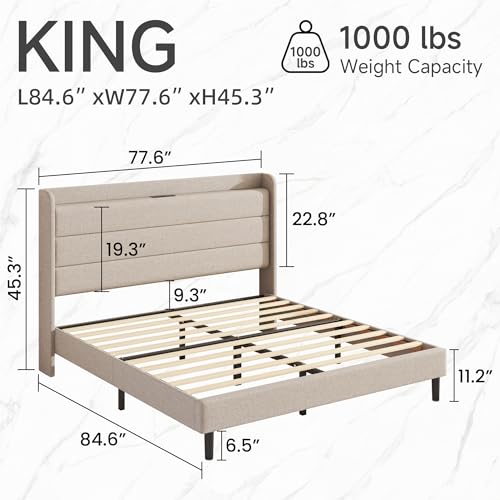 King Linen Multifunctional Bed with Charging Station & Storage Headboard