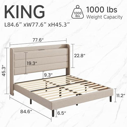 King Linen Multifunctional Bed with Charging Station & Storage Headboard