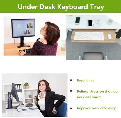 Ergonomic Wooden Keyboard Drawer Tray With Sliding Rails, Under Desk Pull-Out Keyboard Shelf, No Drill Installation(Walnut,65 * 30Cm)