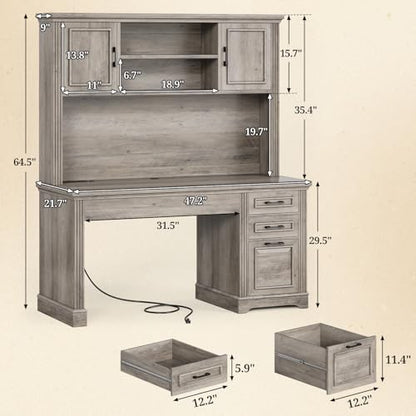 Office Desk with 3 Drawers, 47.2" Executive Computer Desk with Storage Drawers and Hutch Cabinet, Wood Farmhouse Desk with Power Outlet for Home Office, Grey