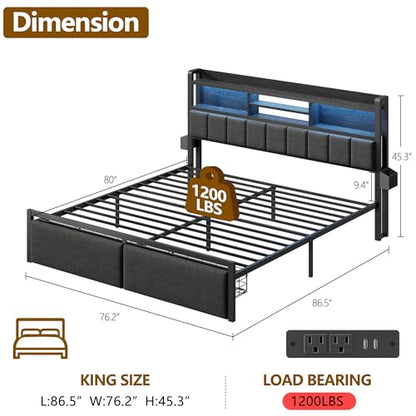 King Size Bed Frame with Headboard, Drawers, Charging Station, LED