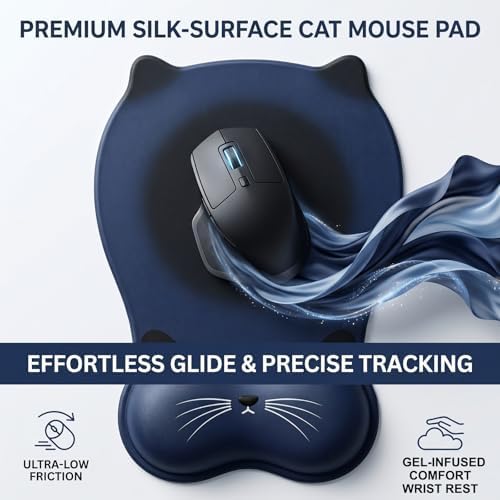 Gel Mouse Pad with Wrist Rest for Mouse Ergonomic Cat Mouse Wrist Rest Non-Slip Silicone Cute Mousepad with Wrist Support for Computer Desk Gaming Laptop Home Office Desk Accessories Black Dark Blue