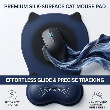 Gel Mouse Pad with Wrist Rest for Mouse Ergonomic Cat Mouse Wrist Rest Non-Slip Silicone Cute Mousepad with Wrist Support for Computer Desk Gaming Laptop Home Office Desk Accessories Black Dark Blue