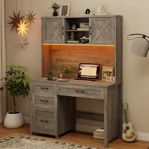 Farmhouse 67" H Executive Desk with Hutch & Drawers, Grey