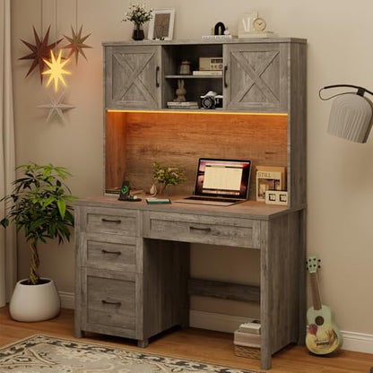 Farmhouse 67" H Executive Desk with Hutch & Drawers, Grey
