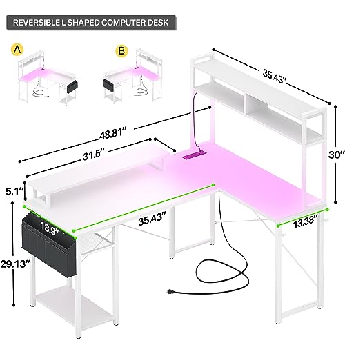 Small L Shaped Desk Gaming Desk with LED Lights & Power Outlets