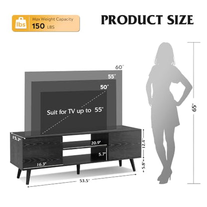 TV Stand for 55 60 Inch TV, Mid Century Modern, Black