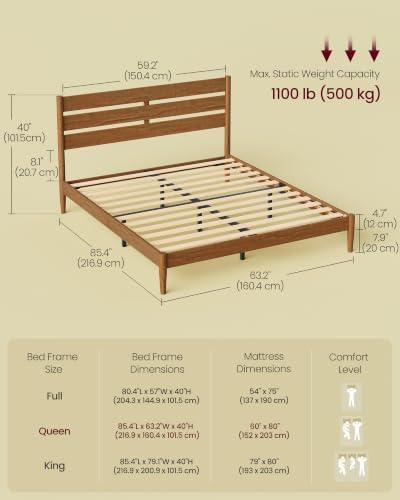 Queen Bed Frame, Wood Platform Bed with Headboard Storage Shelf