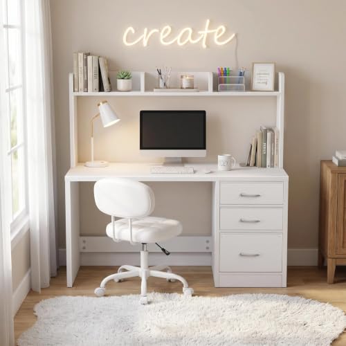 Wood Desk with Hutch and 3 Drawers， White