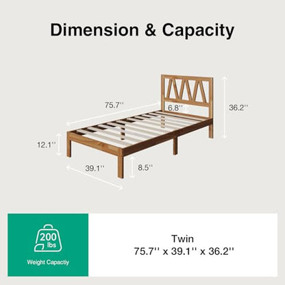 12inch Twin Bed Frame Wooden Twin Size Bed Frame, Solid Wood Twin Size Bed Frame with Headboard No Box Spring Needed, Easy Assembly, Natural