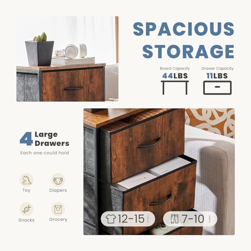 Nightstand, Bedside Table with 4 Fabric Drawers