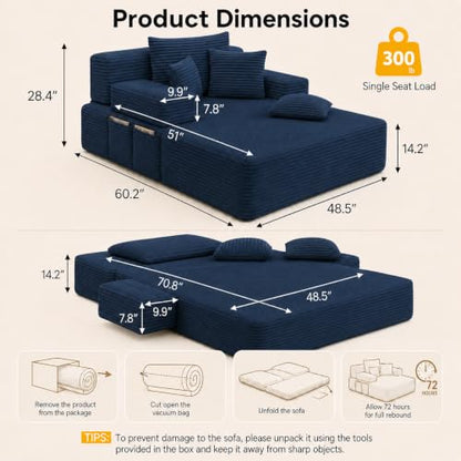 Oversized Chaise Lounge Chair Indoor,Corduroy Upholster Boneless Sofa Bed
