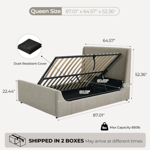 Queen Size Lift Up Storage Bed Frame, Tall Headboard, Sleigh Bed