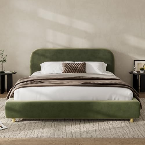 Queen Velvet Fabric Platform Bed with Curved Headboard, Olive Green