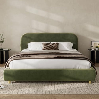 Queen Velvet Fabric Platform Bed with Curved Headboard, Olive Green