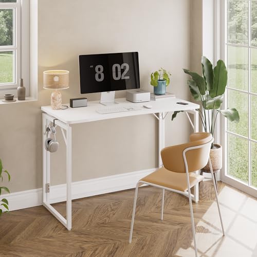 31.5" White Folding Desk, No Assembly, Wooden Top, Small Size