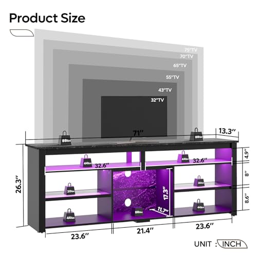 Tall TV Cabinet with LED & Storage, 80", Black Marble Gaming Stand