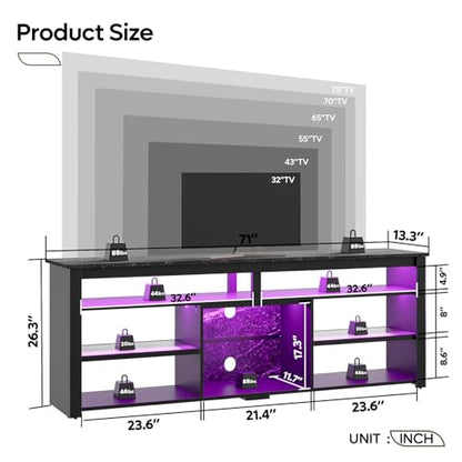 Tall TV Cabinet with LED & Storage, 80", Black Marble Gaming Stand