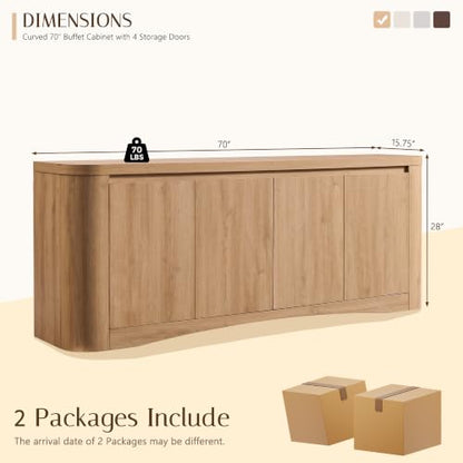 Modern Curved 70" Buffet Cabinet with 4 Storage Doors, Natural