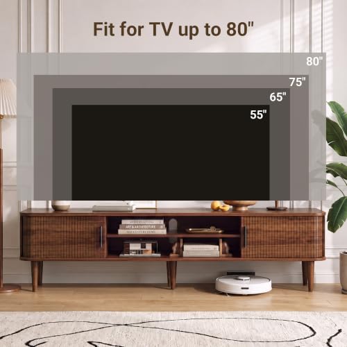 70" TV Stand with Rolling Doors and Storage, Mid-Century, Walnut