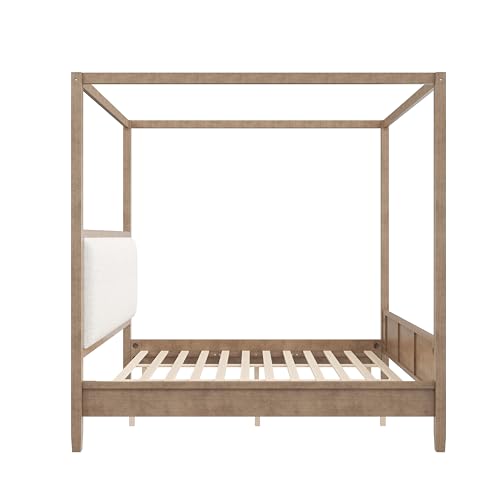 King Size Canopy Bed with Linen Headboard and 4-Poster, Walnut
