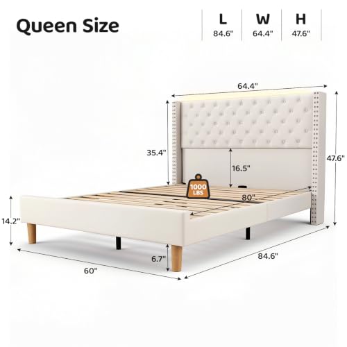 Queen Upholstered Bed Frame with RGB LED Lights and Charging Station