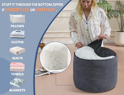 Pouf Ottoman, Corduroy Round Gray Foot Stools Ottomans, 20x15in